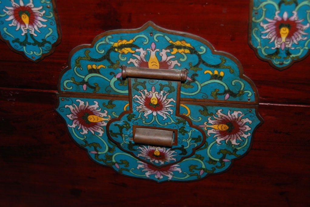 Wonderful cloisonne mounted parchement (pigskin) chest with hinge-lidded rectangular box,one interior pull- out shelf,with turquoise ground mounts decorated with formal lotus scrolls.Documented Chinese export chest in Sotheby's International Price