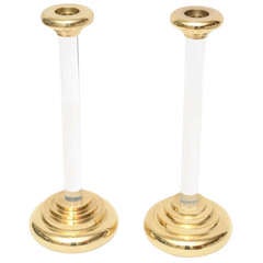 Pair of Tall Lucite and Polished Brass Candlesticks