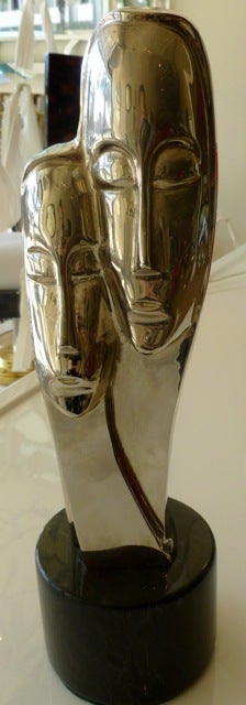 Modigliani Inspired NIckel Silver and Marble Head Sculpture