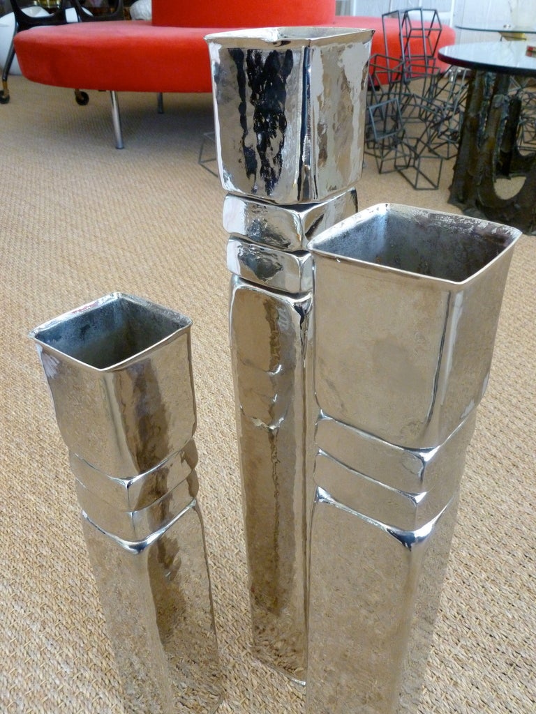 Set of 3 Tall Differentiated Heights of Nickel Silver Vase/Vessels at