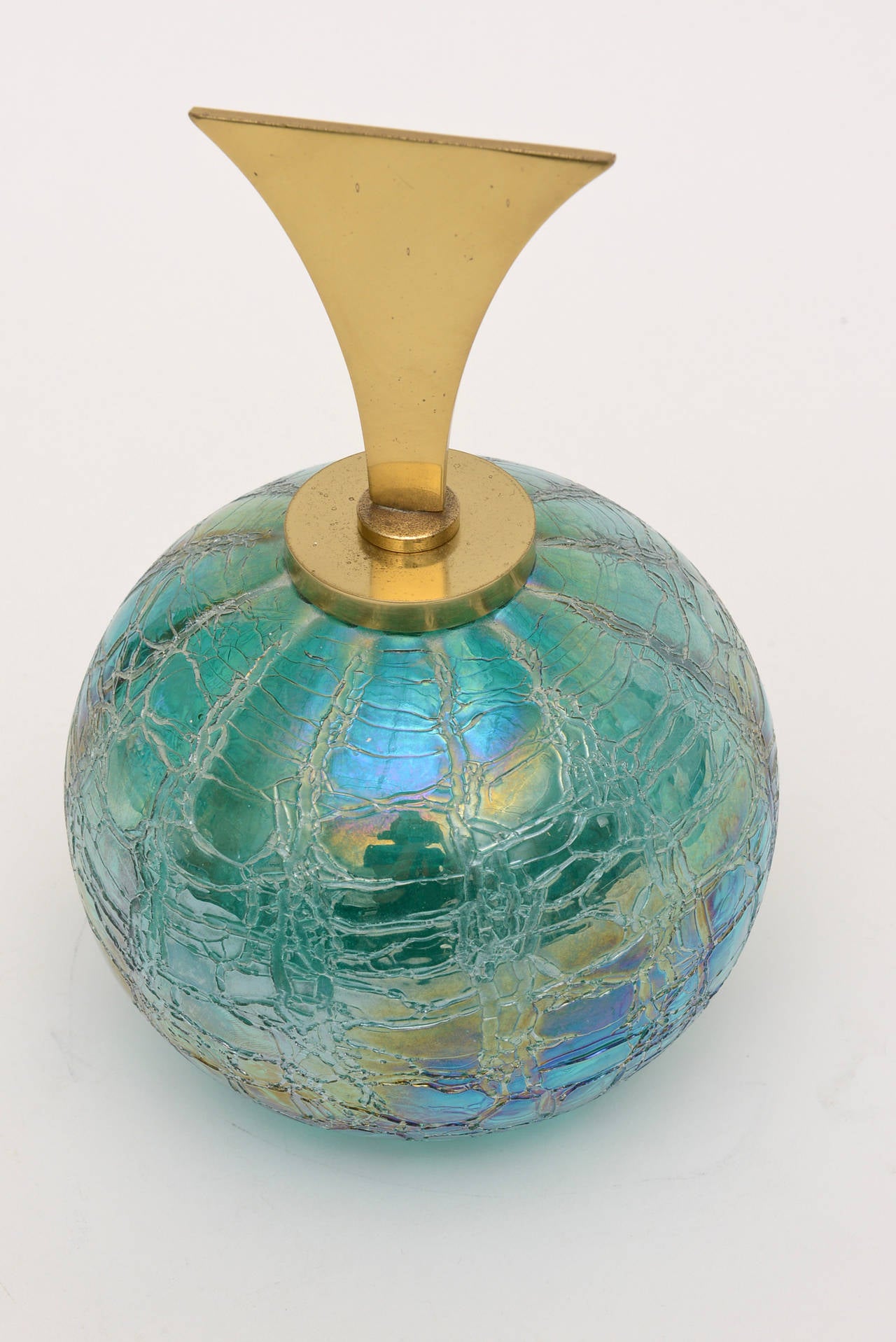 Modern Tiffany Style Favrile Glass Irredescent Glass Ball with Brass Stopper