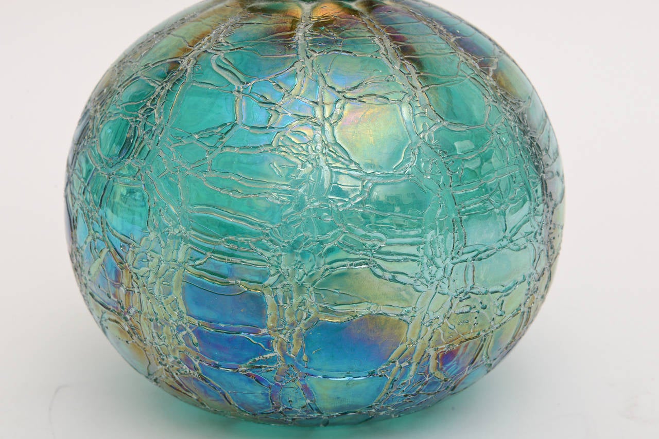 Tiffany Style Favrile Glass Irredescent Glass Ball with Brass Stopper In Excellent Condition In North Miami, FL