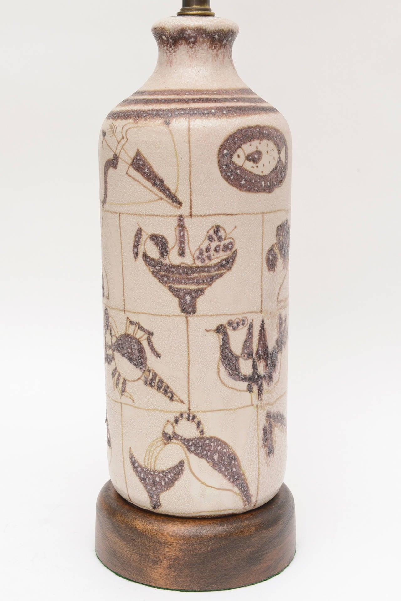 Mid-Century Modern Italian Gambone for Marbro Glazed Ceramic and Wood Hieroglyph Lamp