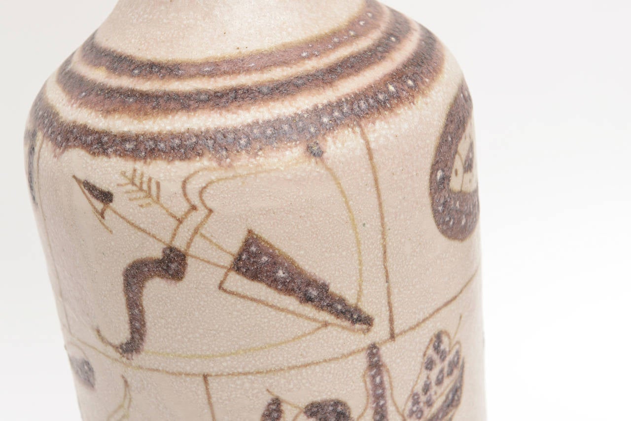 Mid-20th Century Italian Gambone for Marbro Glazed Ceramic and Wood Hieroglyph Lamp