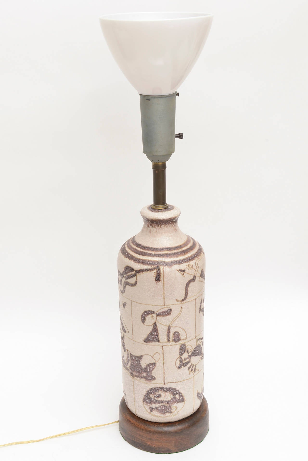 Italian Gambone for Marbro Glazed Ceramic and Wood Hieroglyph Lamp 1