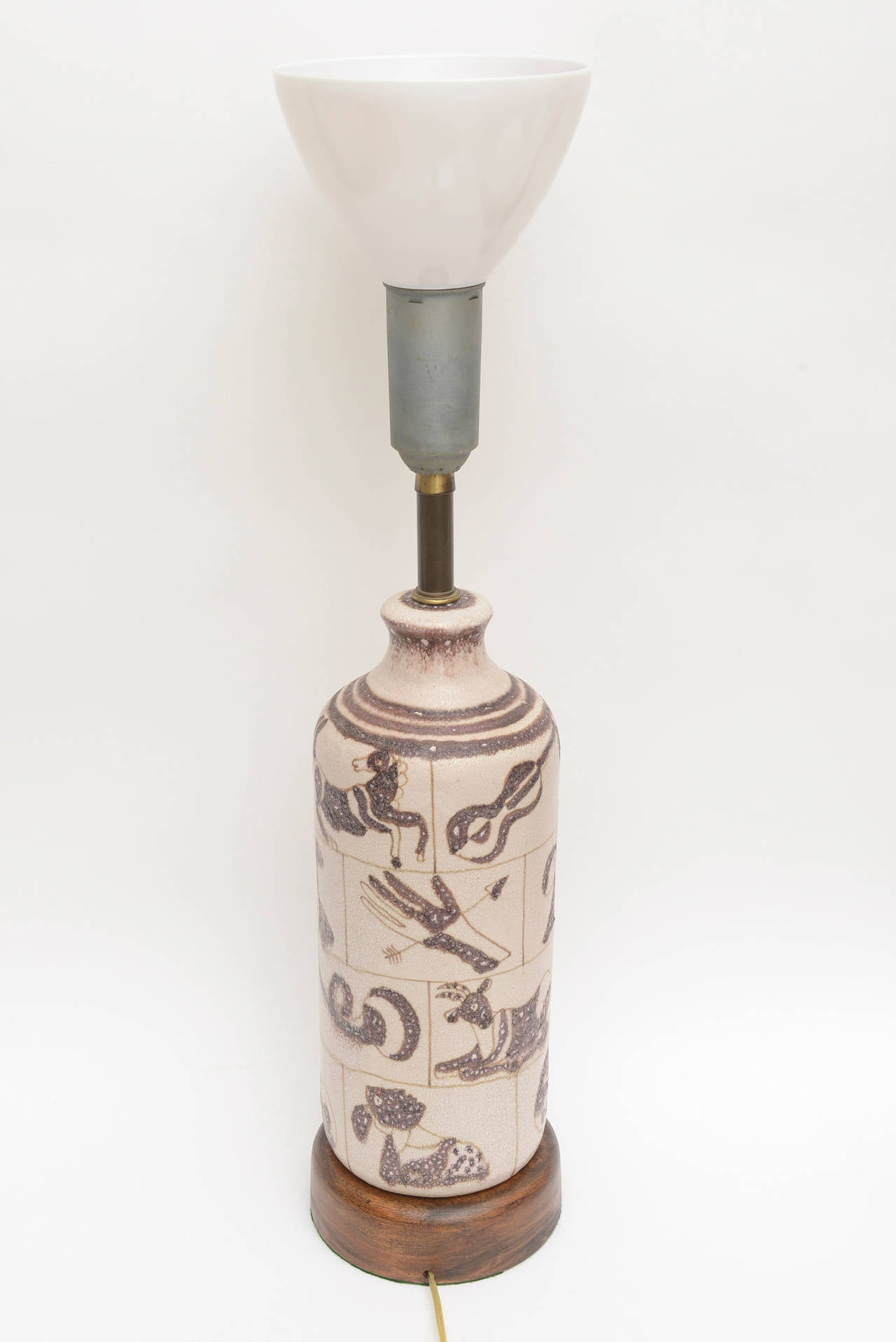 Italian Gambone for Marbro Glazed Ceramic and Wood Hieroglyph Lamp 2