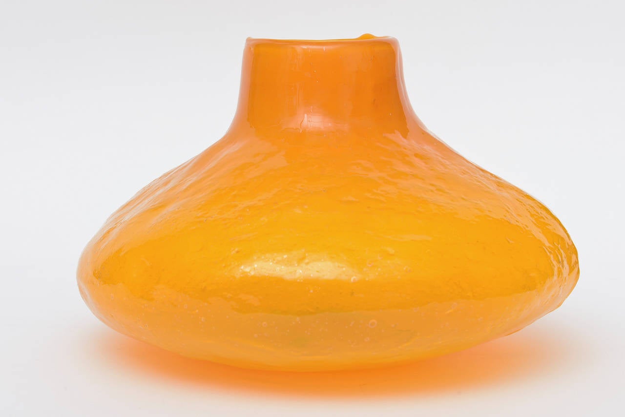 Mid-Century Modern Rare Blenko Gourd Tangerine Orange Pebbled Textured Glass Vessel or Vase