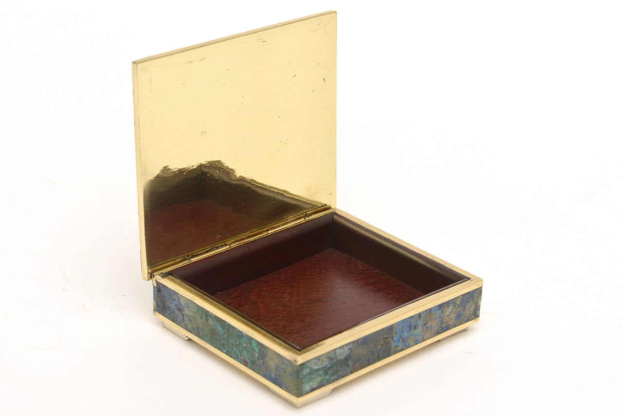 Mid-Century Modern Small Mixed Lapis, Sodalite and Turquoise Brass and Rosewood Vintage Box