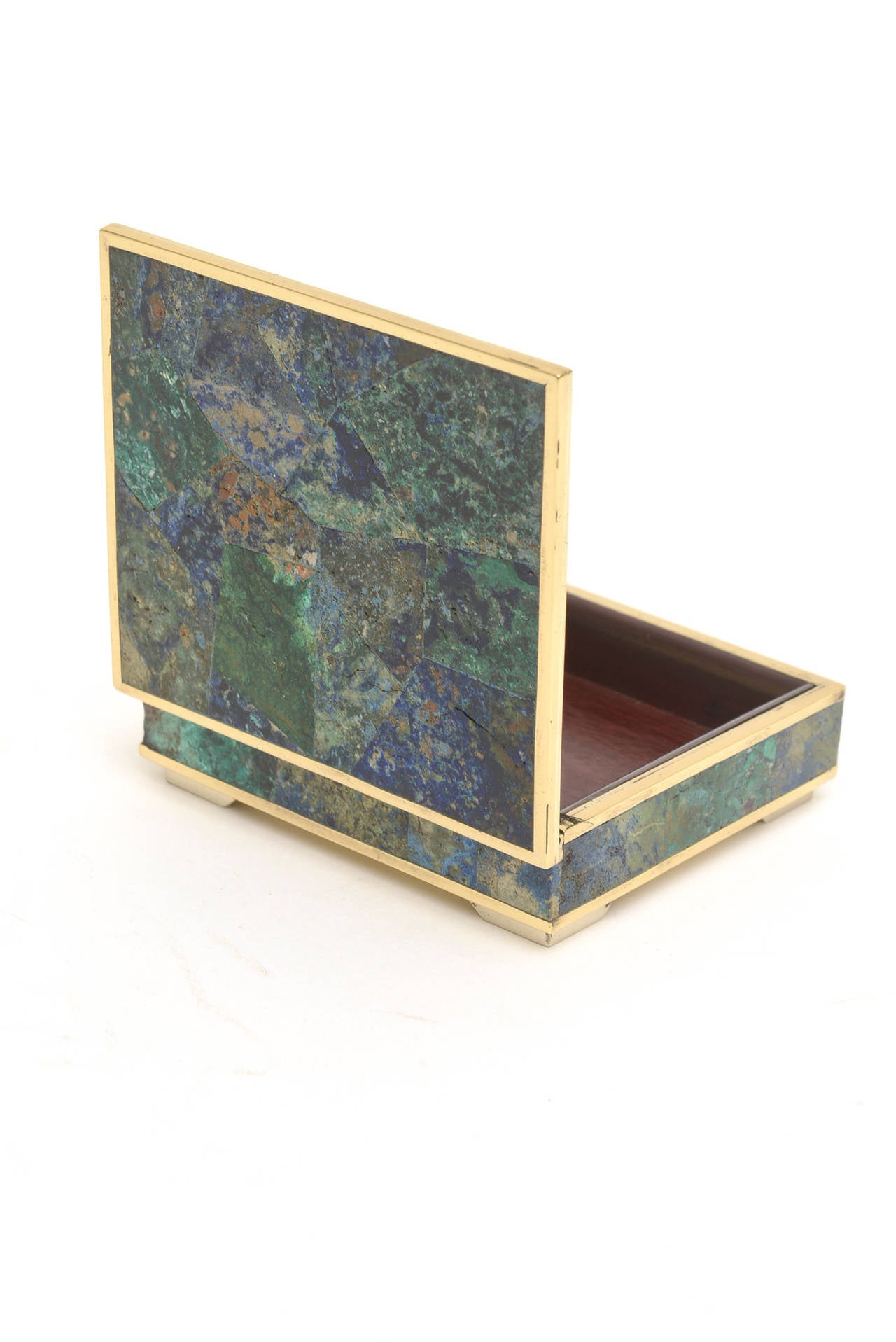 Small Mixed Lapis, Sodalite and Turquoise Brass and Rosewood Vintage Box In Excellent Condition In North Miami, FL