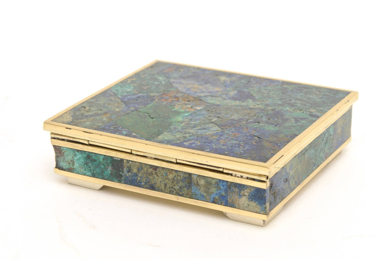 Mid-20th Century Small Mixed Lapis, Sodalite and Turquoise Brass and Rosewood Vintage Box