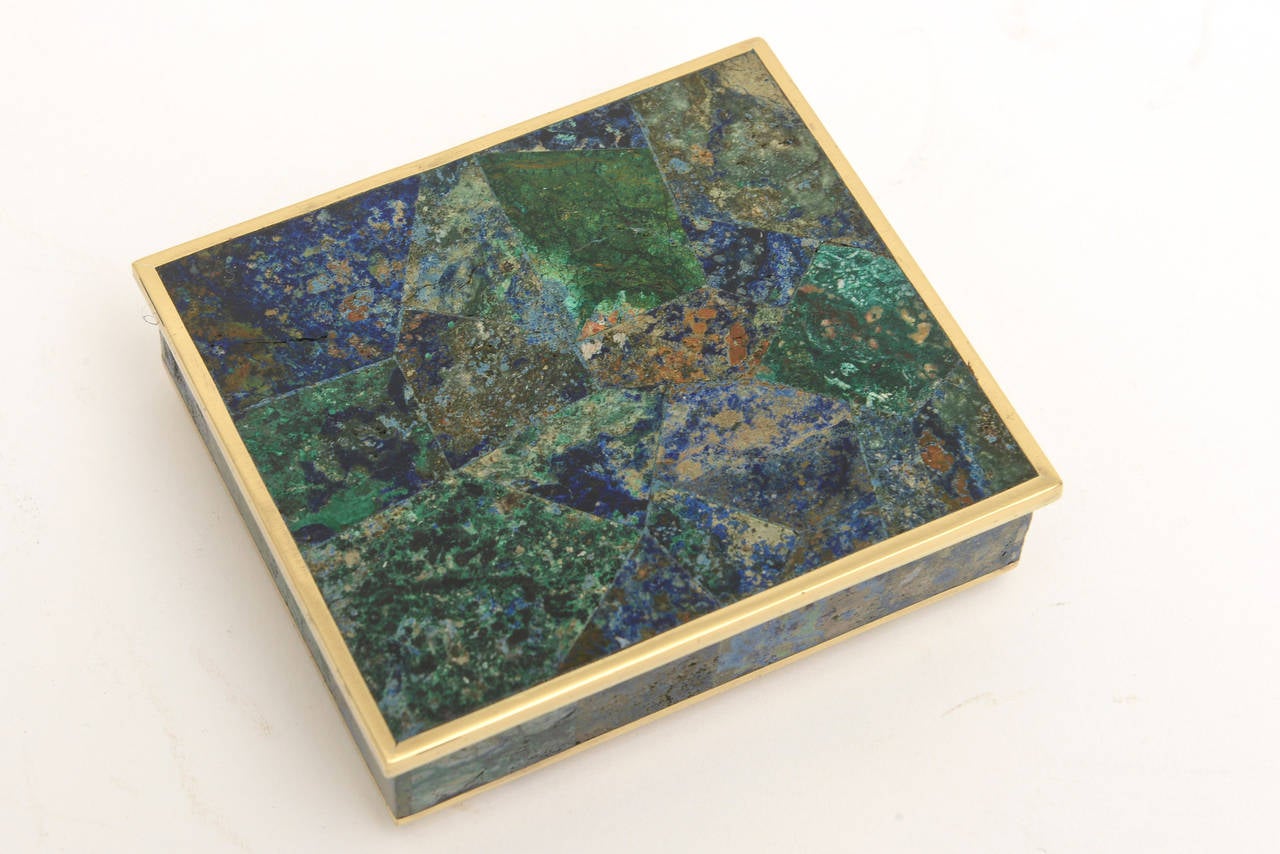 Small Mixed Lapis, Sodalite and Turquoise Brass and Rosewood Vintage Box 1