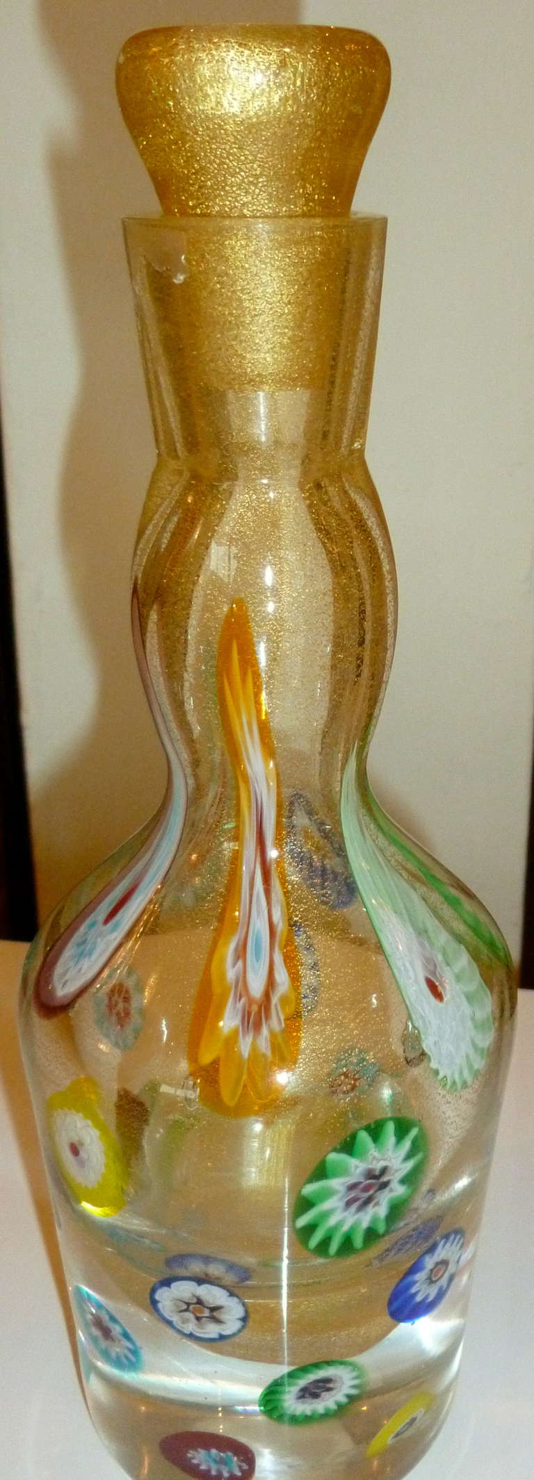 Mid-20th Century Fratelli Toso Murano Glass Decanter Perfume Bottle Gold Aventurine and
Murrhines For Sale