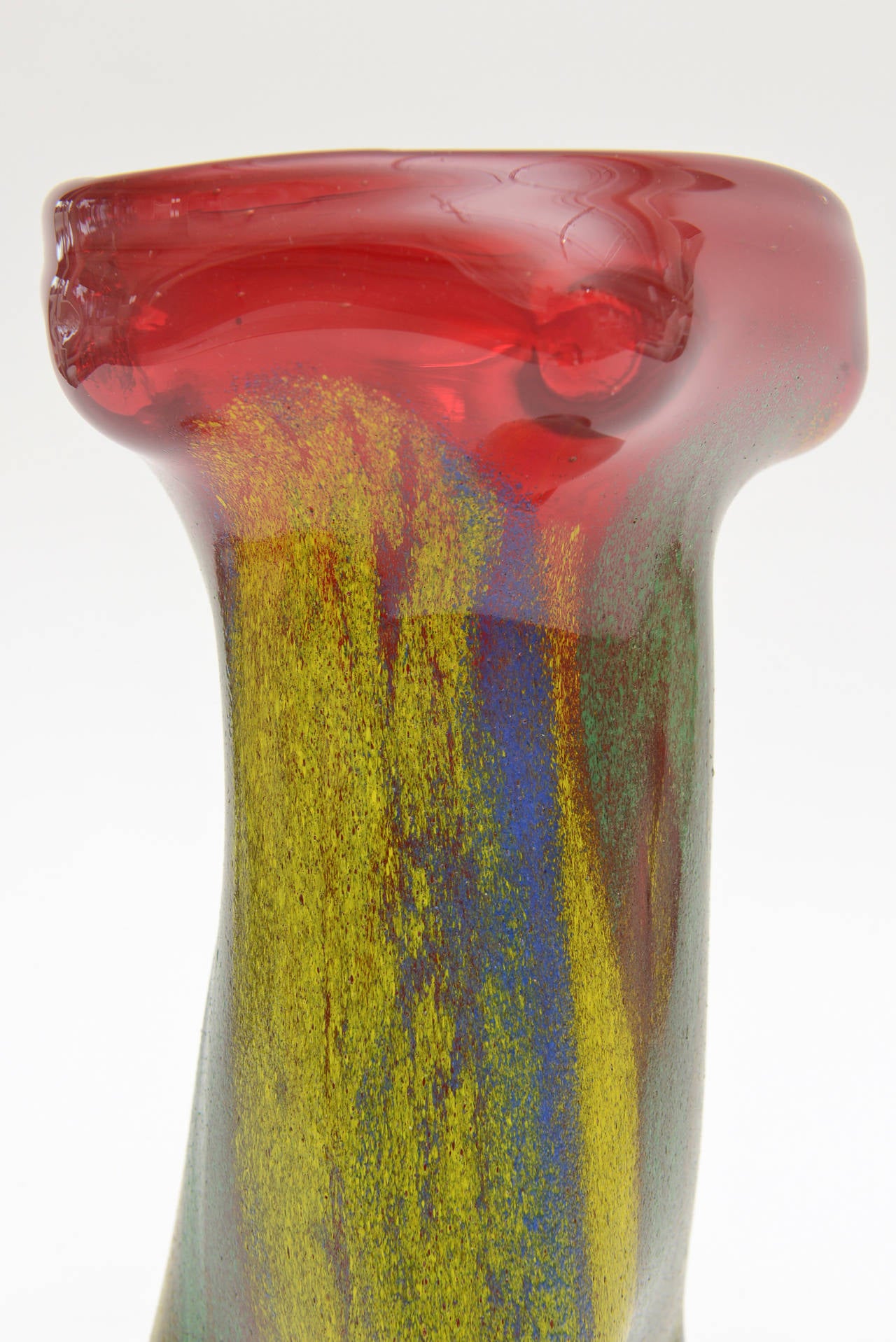 Italian Dino Martens Murano Red Blue Cinched Glass Vase or Vessel, Mid-Century Modern For Sale