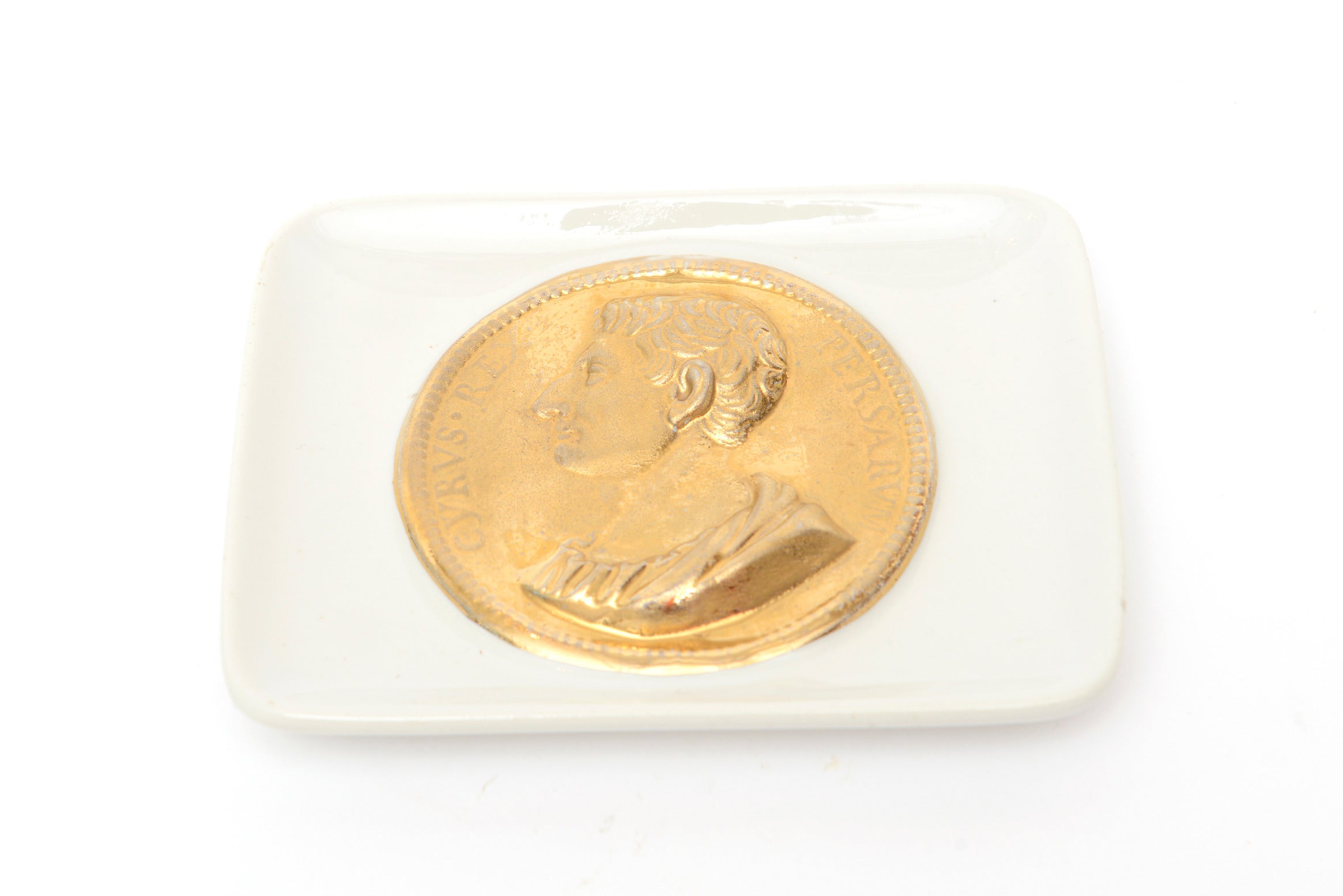 Italian Fornasetti White Porcelain and Gilded Roman Coin Dish