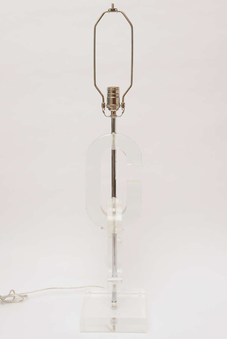 Two Interlocking CC Chanel Style Lucite and Chrome Lamp