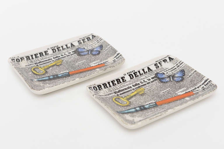 Pair of Italian Fornasetti Trompe L'oeil Newspaper  Porcelain Dishes