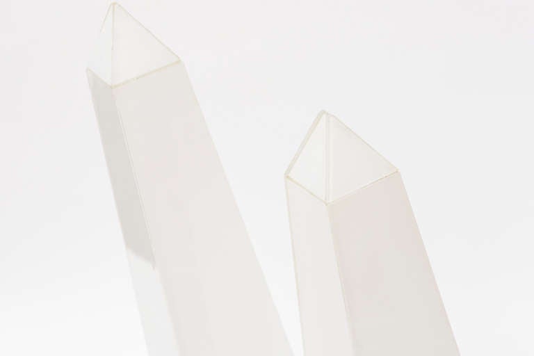 Late 20th Century Pair of White Lucite and Glass Obelisks Vintage