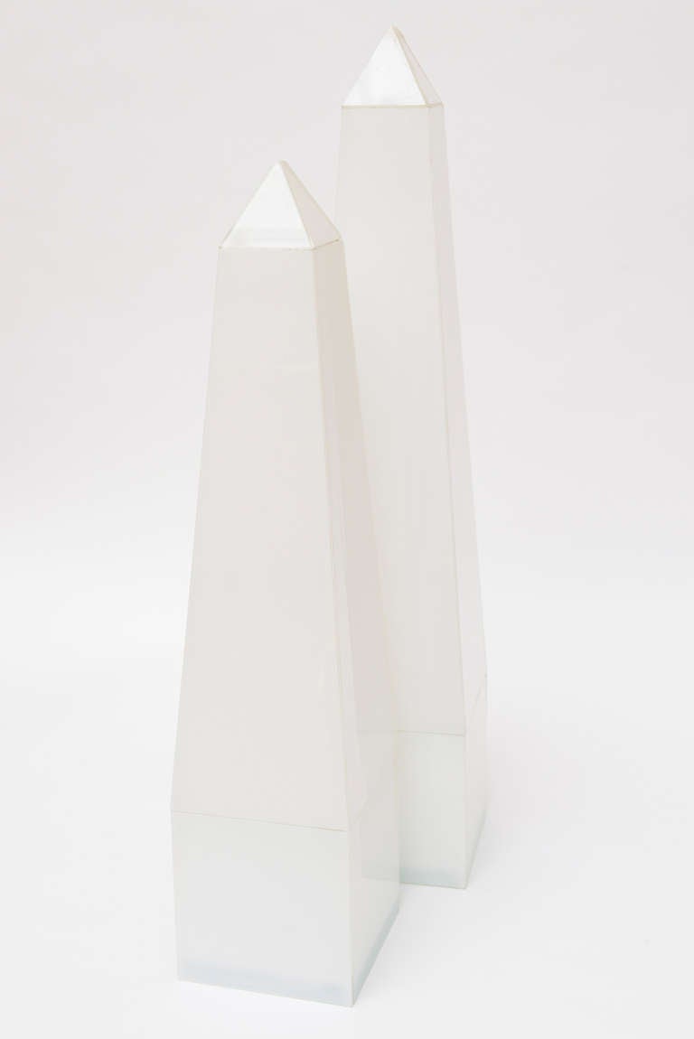 Pair of White Lucite and Glass Obelisks Vintage 1