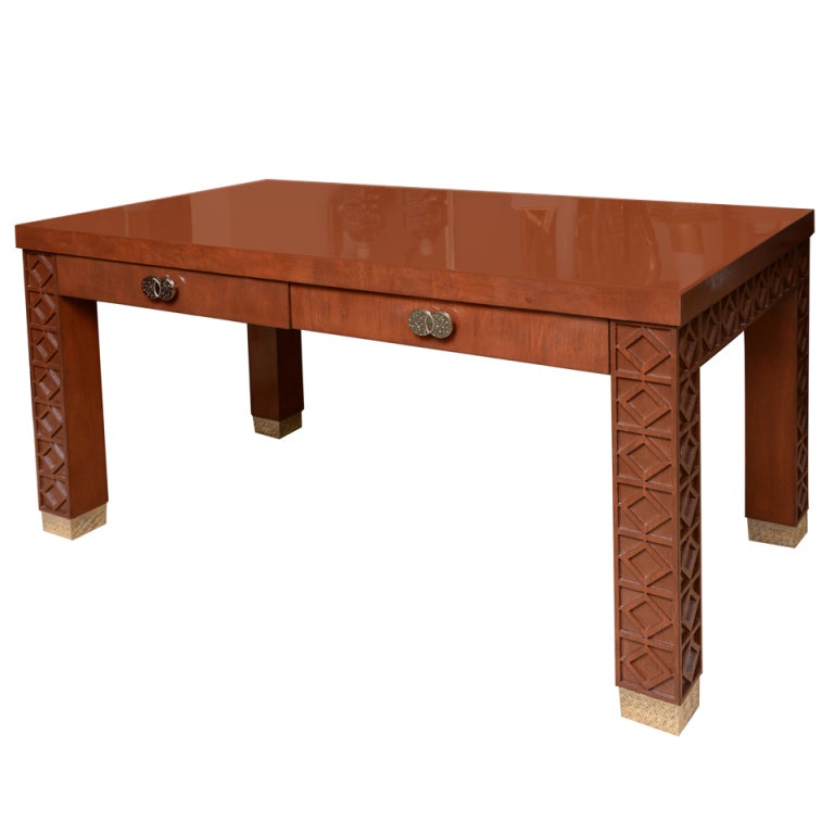Vintage Wood And Nickel Silver Desk With Diamond Frette Work For