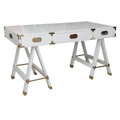 Vintage White Lacquered and Nickel Silver Campaign Desk