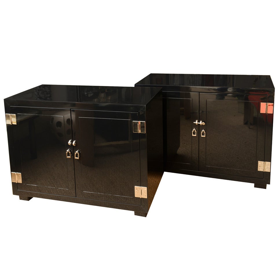 Pair of Black Lacquered and Nickel Silver Commodes/Cabinets/Night Stands /SATURDAY SALE