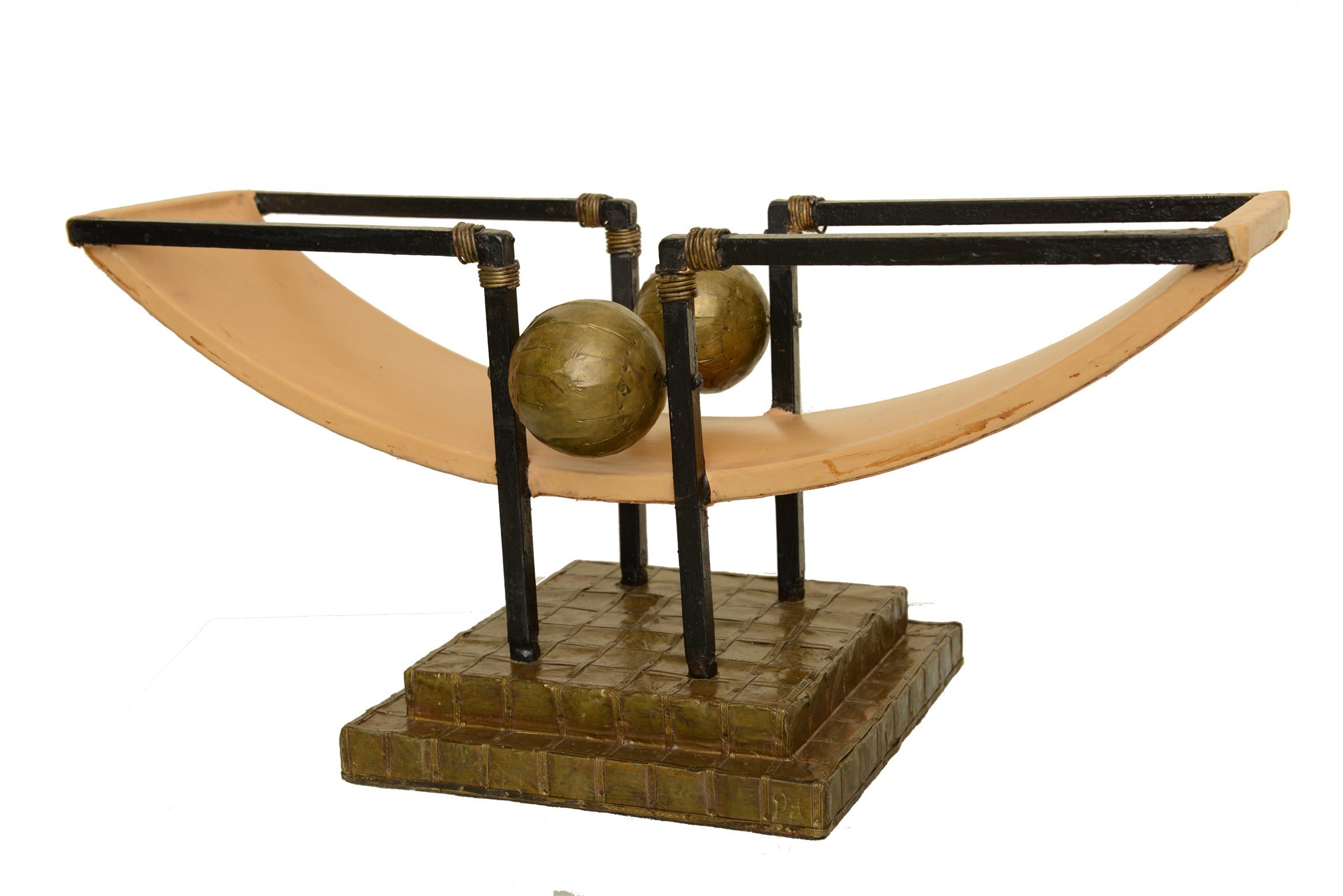 Iron, Brass and Leather Table Top Sculpture