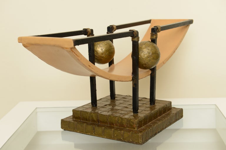 American Iron, Brass and Leather Table Top Sculpture