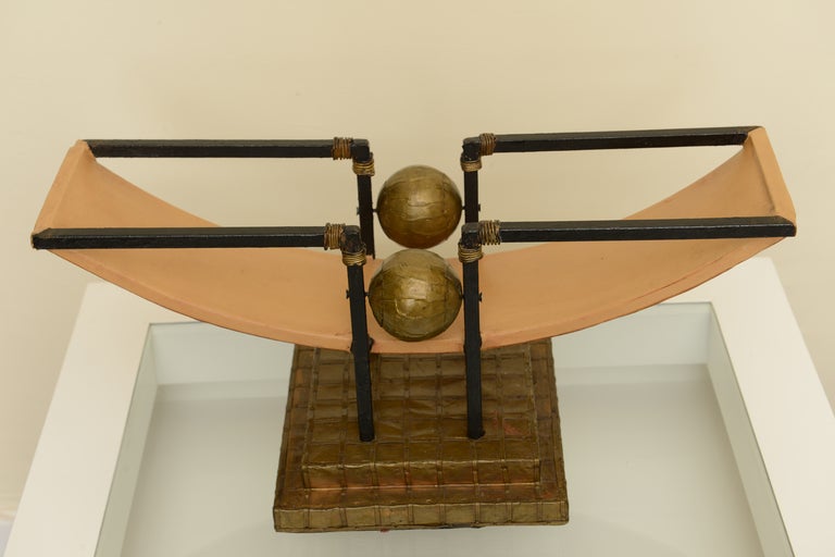 Mid-20th Century Iron, Brass and Leather Table Top Sculpture