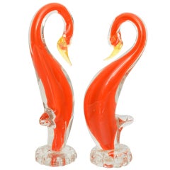 Pair of Luscious  Italian Hermes  Orange Murano Glass Birds