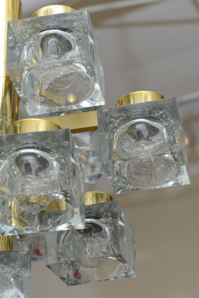 Modern Gaetano Sciolari Brass and Cube Glass Chandelier Vintage, Italian For Sale