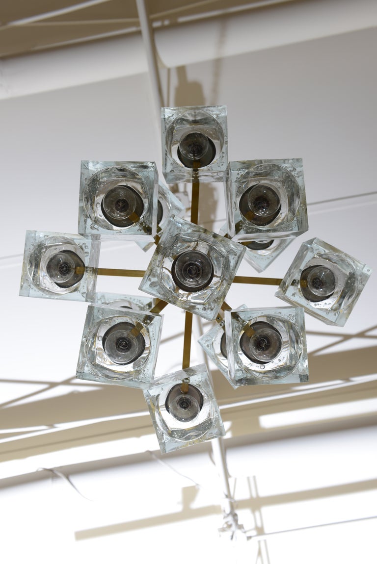 Late 20th Century Gaetano Sciolari Vintage Brass and Glass Cube Chandelier, Italian For Sale