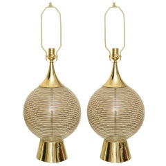 Pair of Circular Gold & Black Lined Glass Ball and Brass Lamps