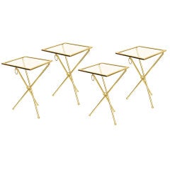 Four Brass and Glass Chapman Folding Tripod Drink Tables