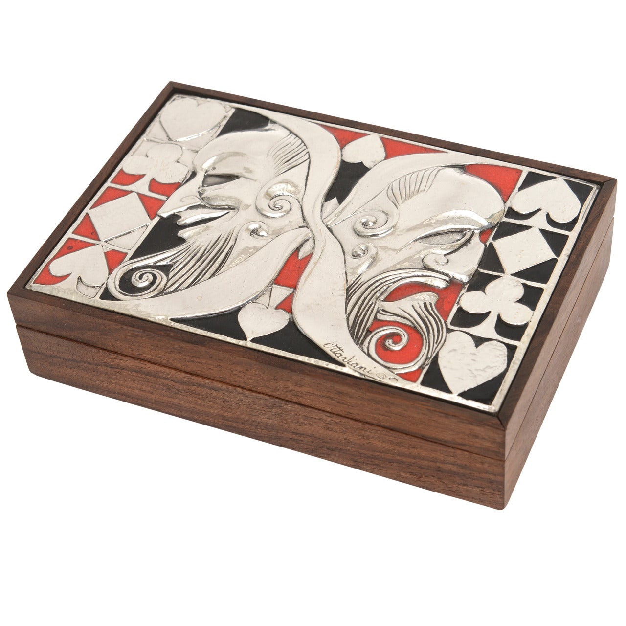 Italian Ottaviani Sterling Silver, Enamel and Wood Card Playing Box