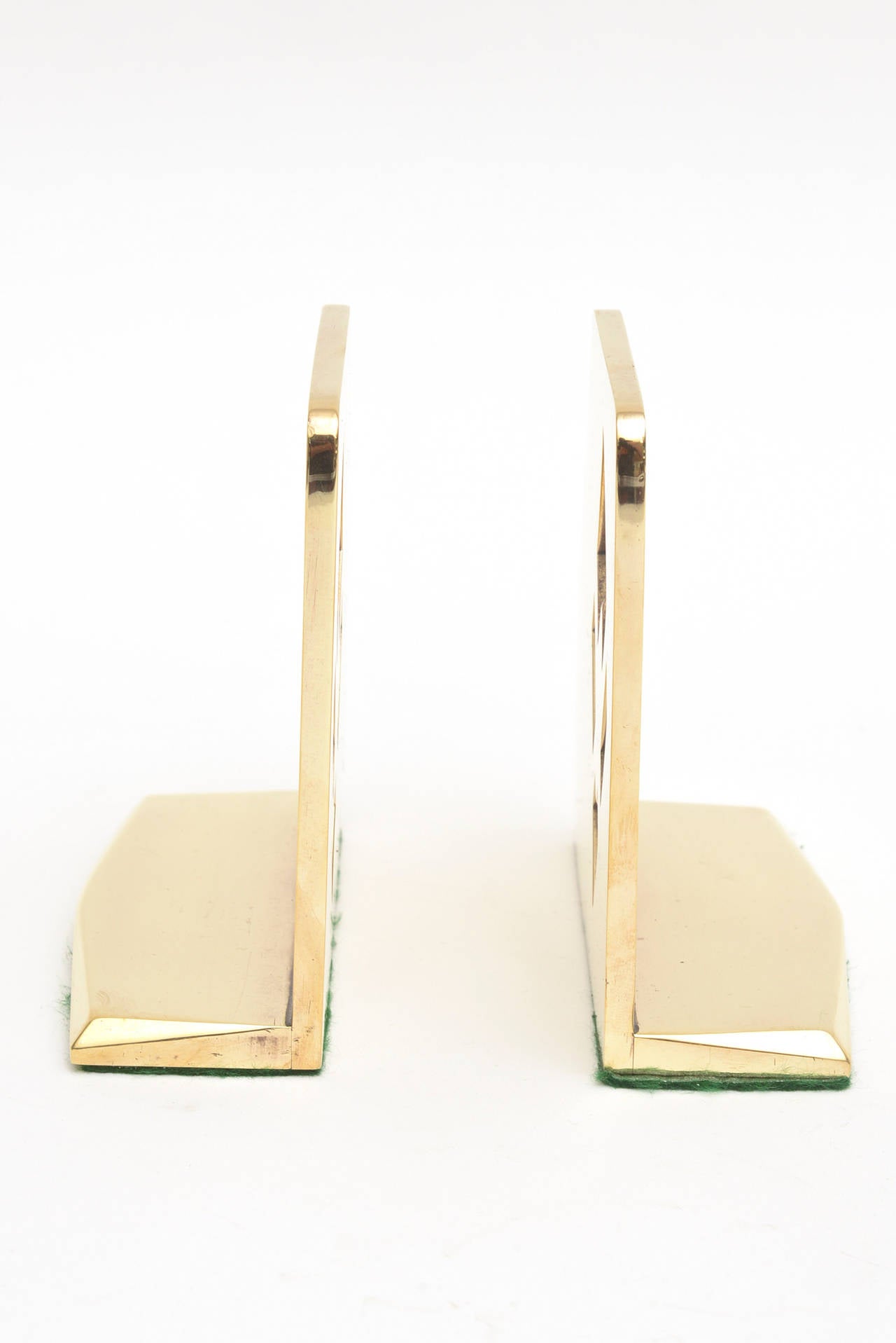 American Pair of Heavy Polished Brass Art Deco Cubist Bookends