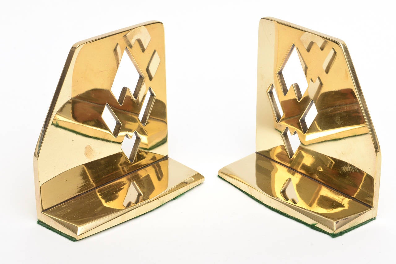 Pair of Heavy Polished Brass Art Deco Cubist Bookends 2