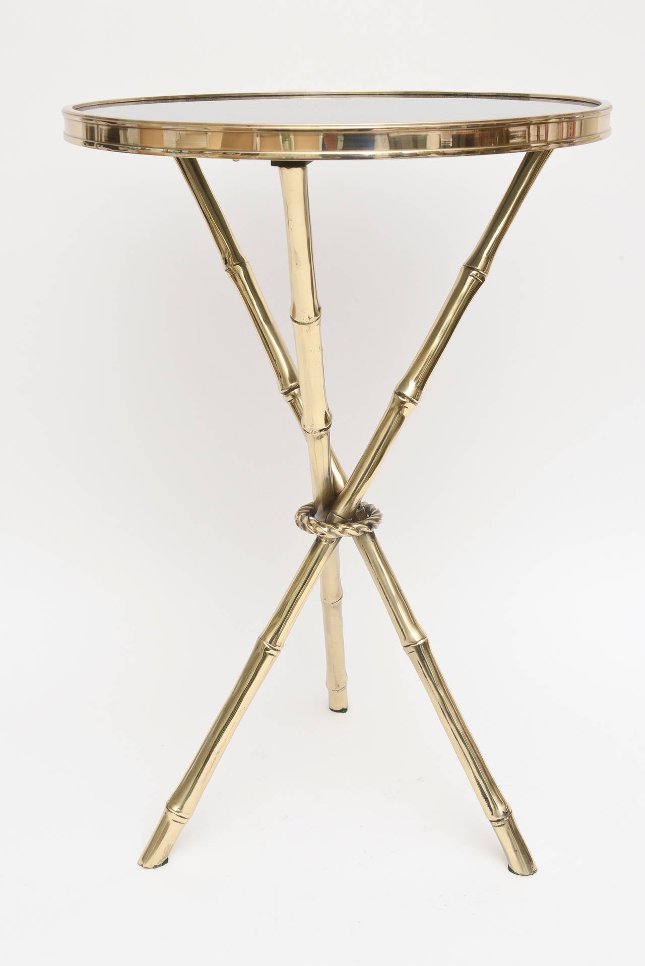 Chic Italian Polished Brass and Granite Faux Bamboo Tripod Side Table In Excellent Condition In North Miami, FL