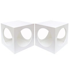 Pair of  Sculptural White Lacquered Cube Square Side Tables