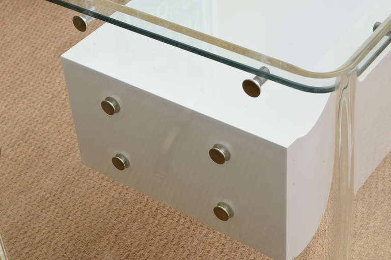 Late 20th Century Custom Floating Lucite, Steel and White Lacquered Two Drawer Desk Vintage For Sale