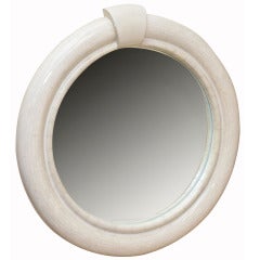 Karl Springer Style Round Lacquered Goatskin and Bone Mirror