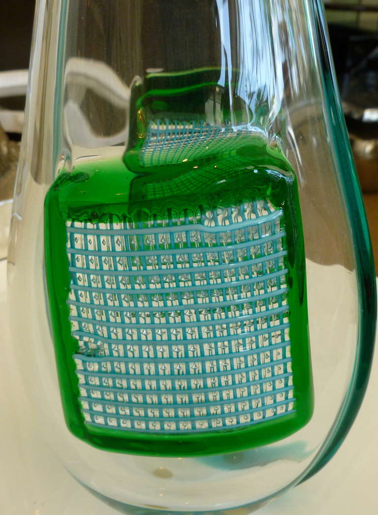 Murano Vintage Massimiliano Schiavon Turquoise Green Glass Vase/ Vessel Italian In Good Condition For Sale In North Miami, FL