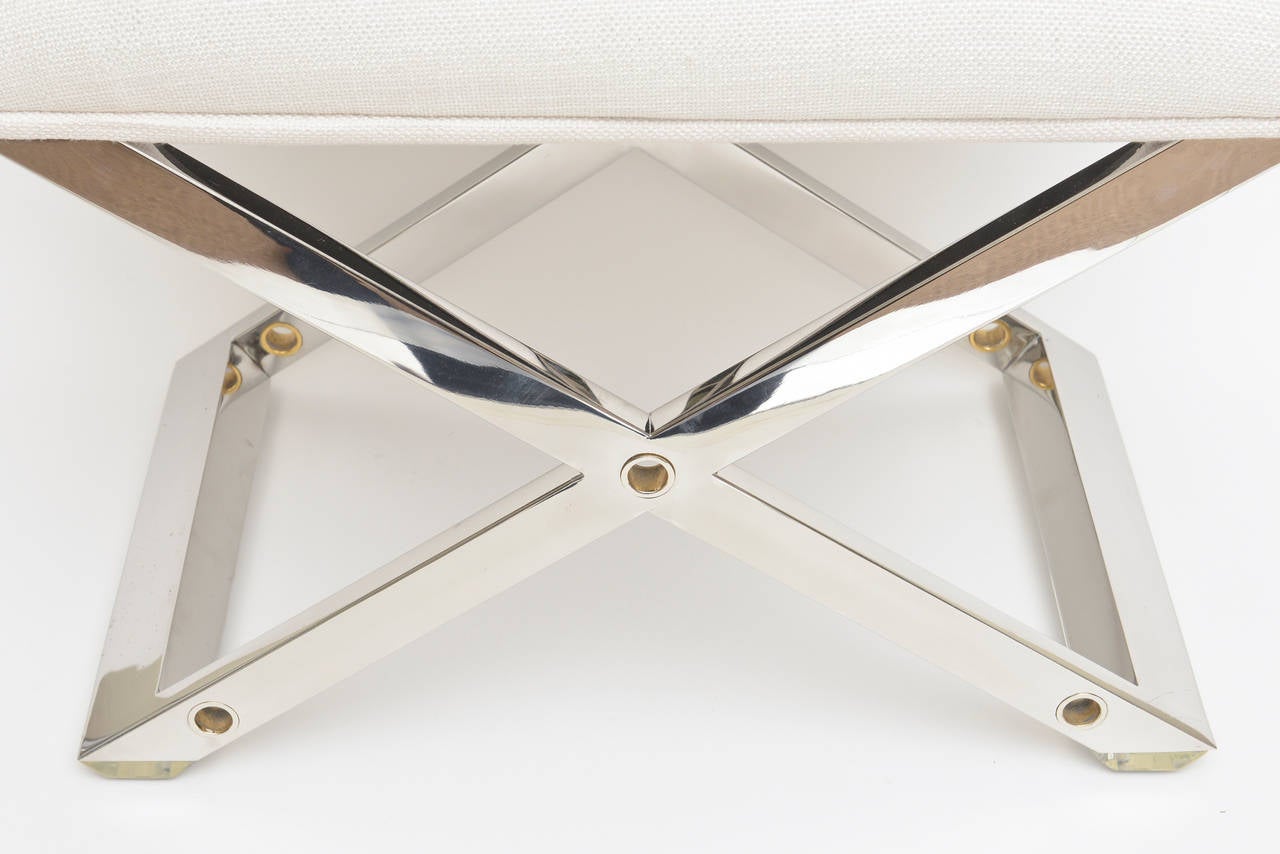 American Chic Karl Springer Style Chromed Steel, Brass and Upholstered X-Framed Bench