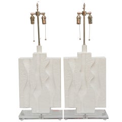 Sculptural Pair of  Serge Roche Style White Plaster of Paris  Lamps