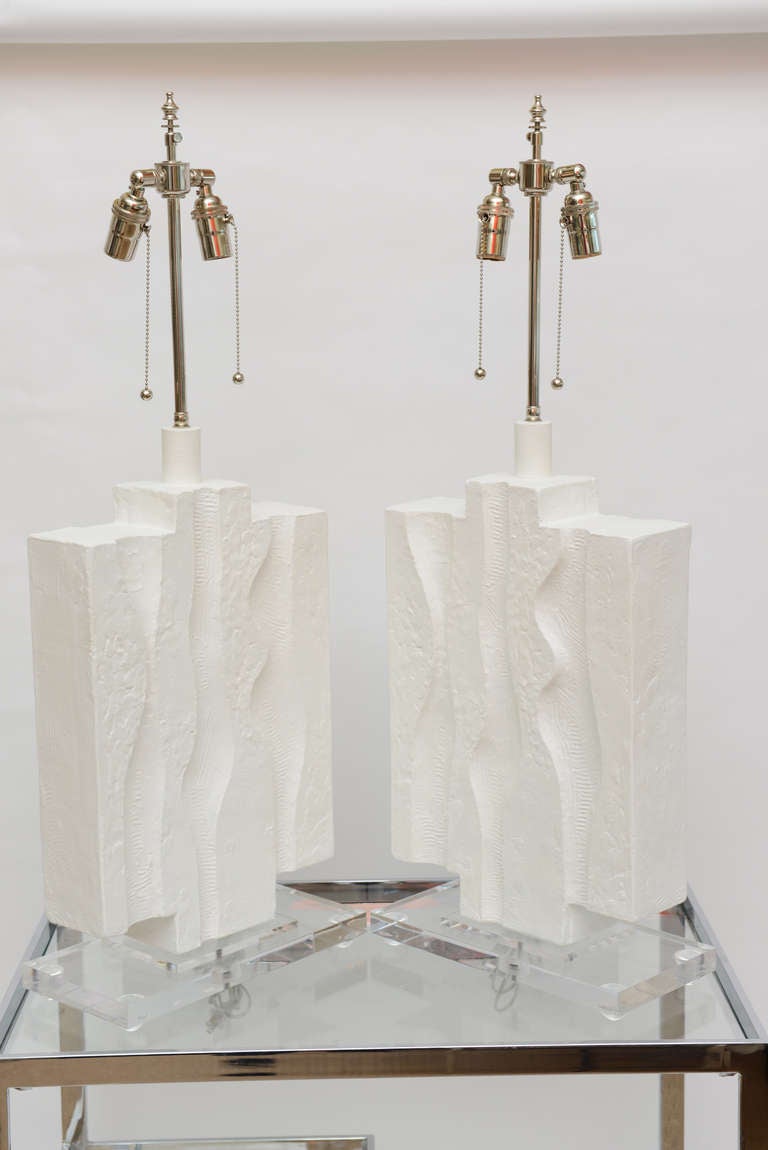 American Sculptural Pair of  Serge Roche Style White Plaster of Paris  Lamps
