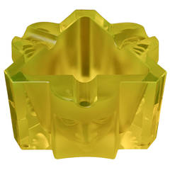 Dramatic Czech Glass "Three Faces" Chartreuse Triangle Ashtray