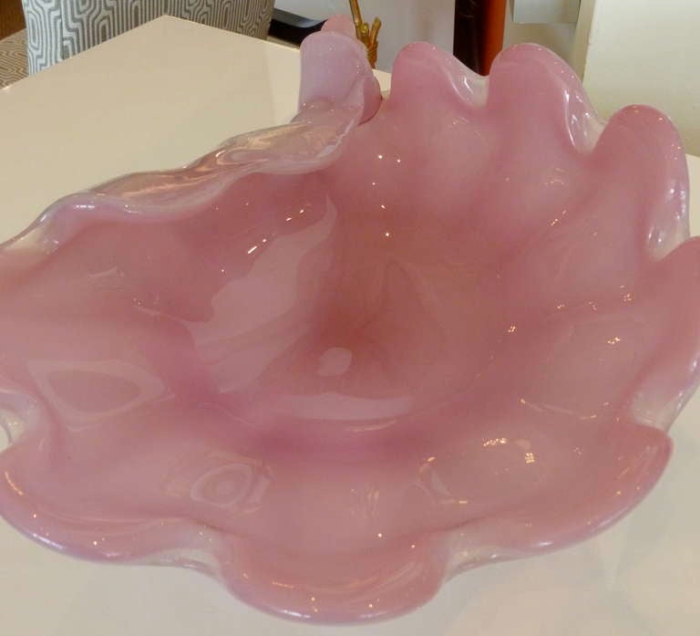 Mid-20th Century Murano Opalalescent Pink Monumental Shell Glass Bowl
