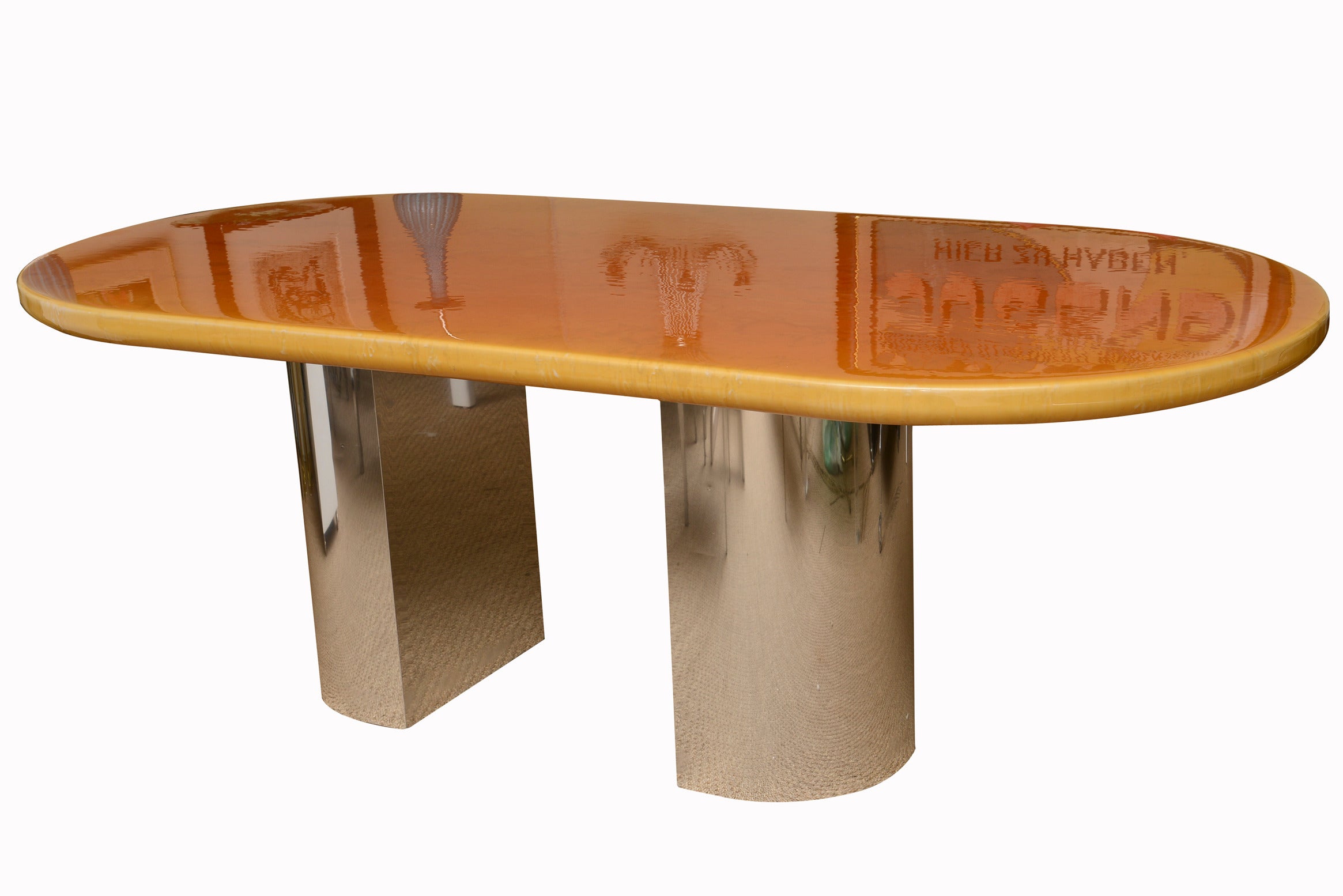 Brueton Style Chrome and Hermes Orange Lacquered Resin Dining Table /Desk