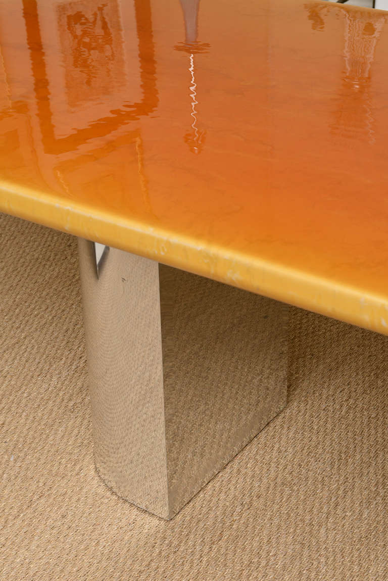 American Brueton Style Chrome and Hermes Orange Lacquered Resin Dining Table /Desk