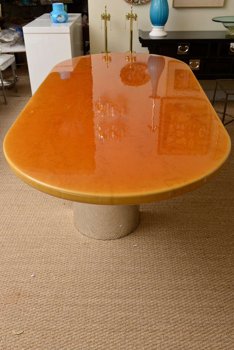 Brueton Style Chrome and Hermes Orange Lacquered Resin Dining Table /Desk In Good Condition In North Miami, FL