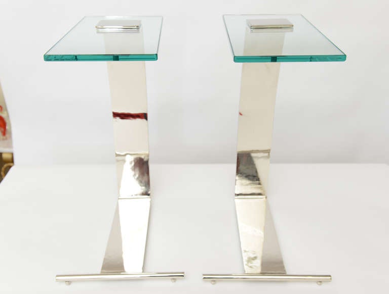 Pair of Pace Chrome and Glass Side/Drink Tables In Good Condition In North Miami, FL